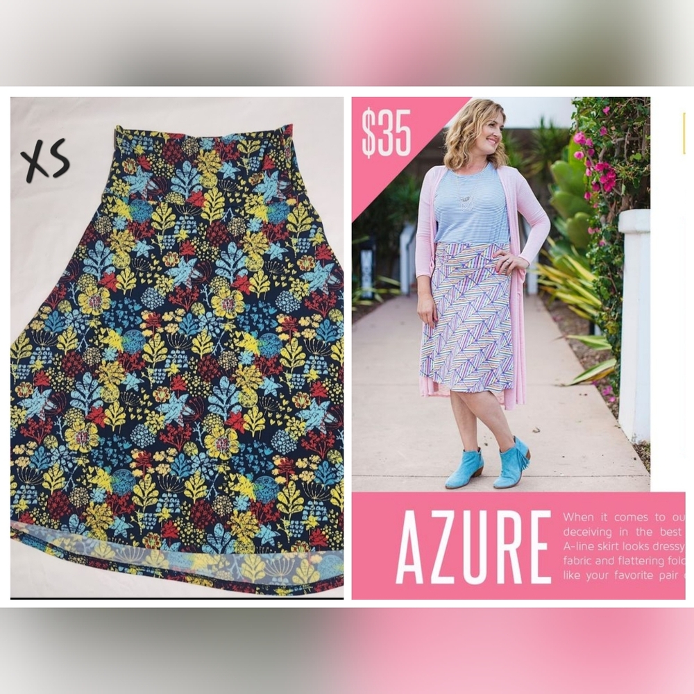 Lularoe Azure Skirt Size XS Blue Yellow Red Leaves